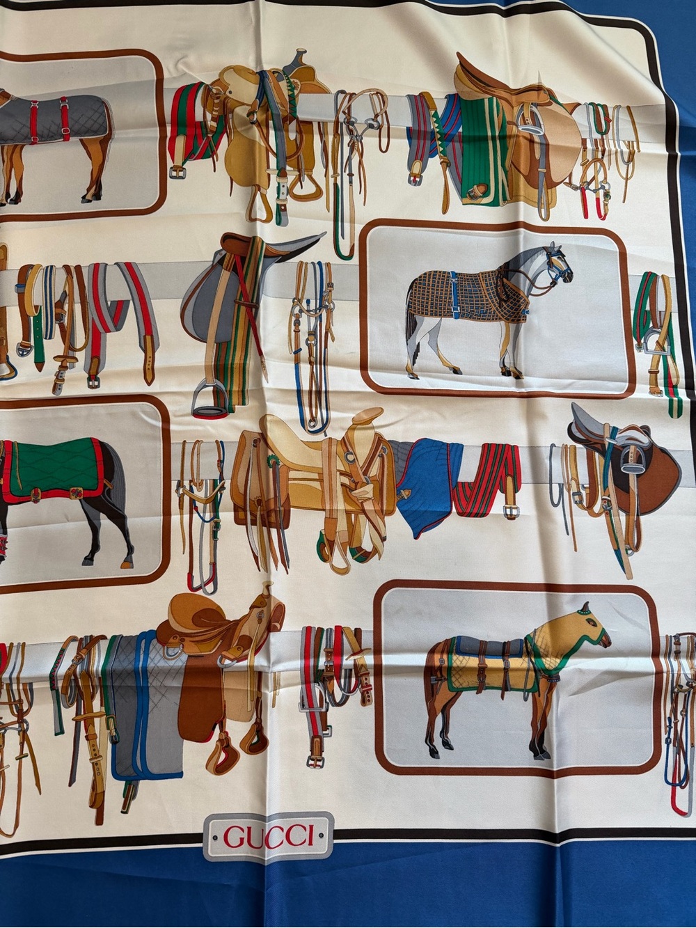 Gucci Silk Equestrian Scarf in Blue and Cream with Multi-Color Accents - Picture 3 of 6